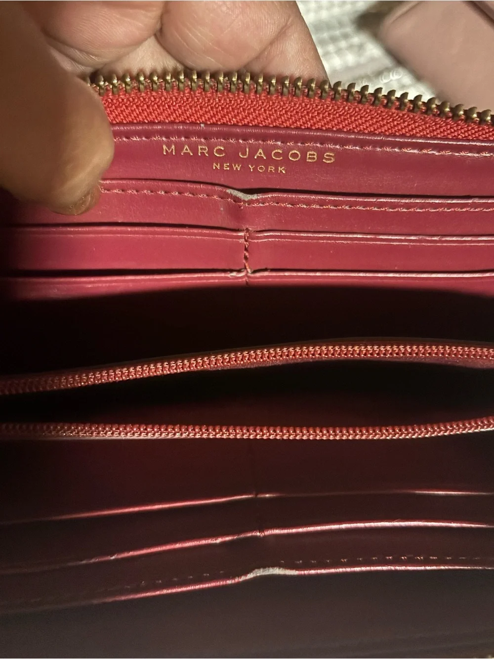Marc Jacobs Red Leather Zip Wallet with Gold Plaque